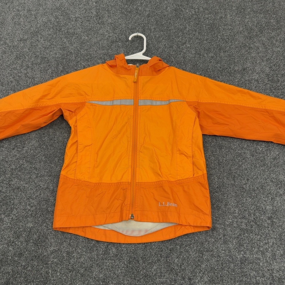 LL Bean Windbreaker Jacket Kids M 5/6 Orange Nylon Reflective Hooded Gorpcore